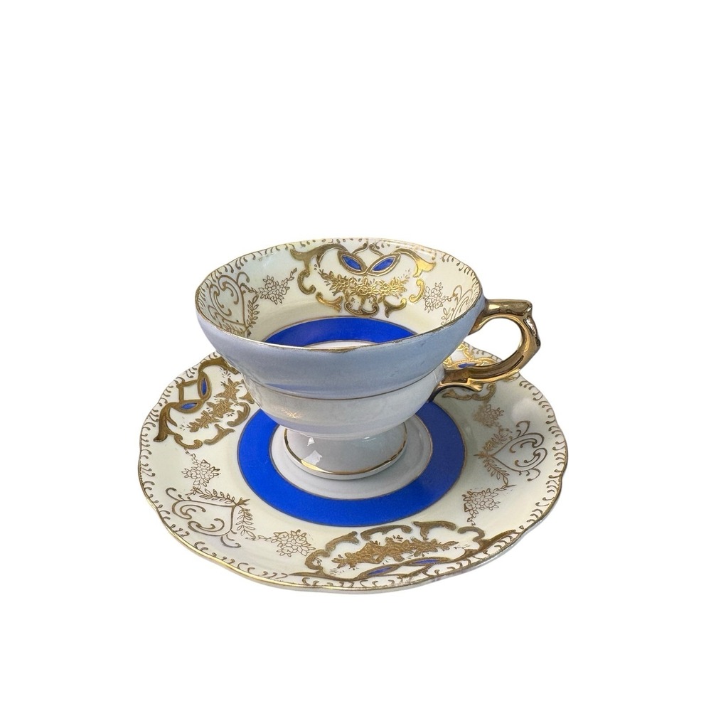 Vintage Royal Sealy China Japan Teacup Saucer Blue Gold Tea Set